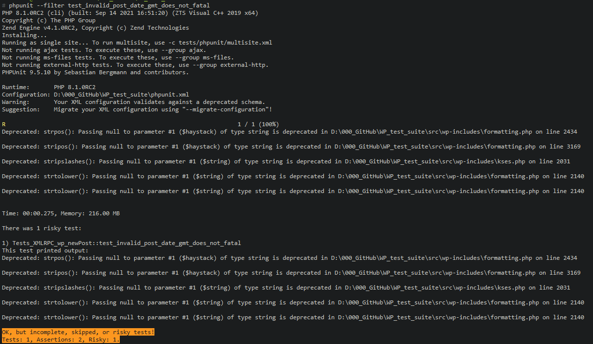 Screenshot of how deprecations are handled in PHPUnit 9.5.10