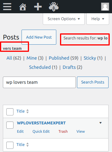 search term starts to the right of Add New Posts button and wraps below Posts heading